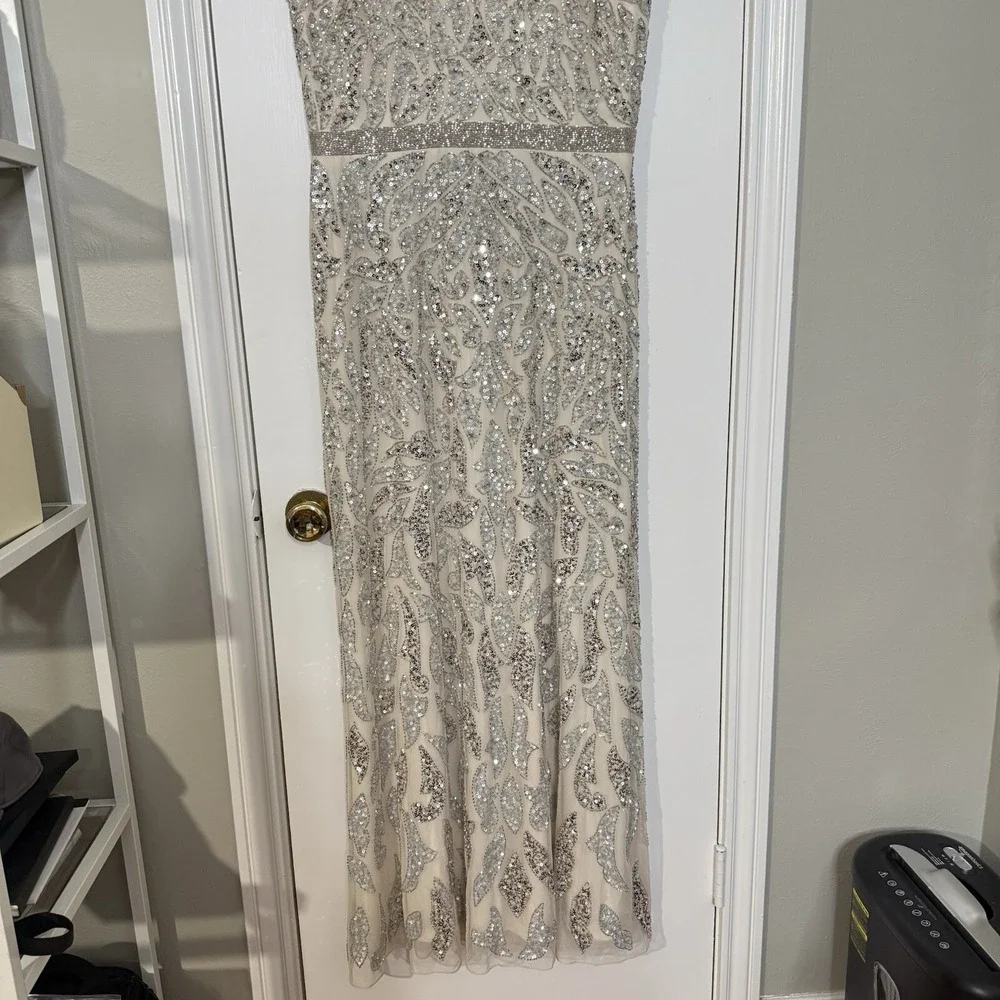 Mac Duggal Nude Silver Illusion Sheer Cap Sleeve Bead Sequin Belted Modest 5532 - Picture 6 of 16
